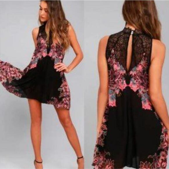 Free People Dresses & Skirts - Free People Intimately Marsha Black Print Lace Slip Trapeze Dress XS High‎ Neck